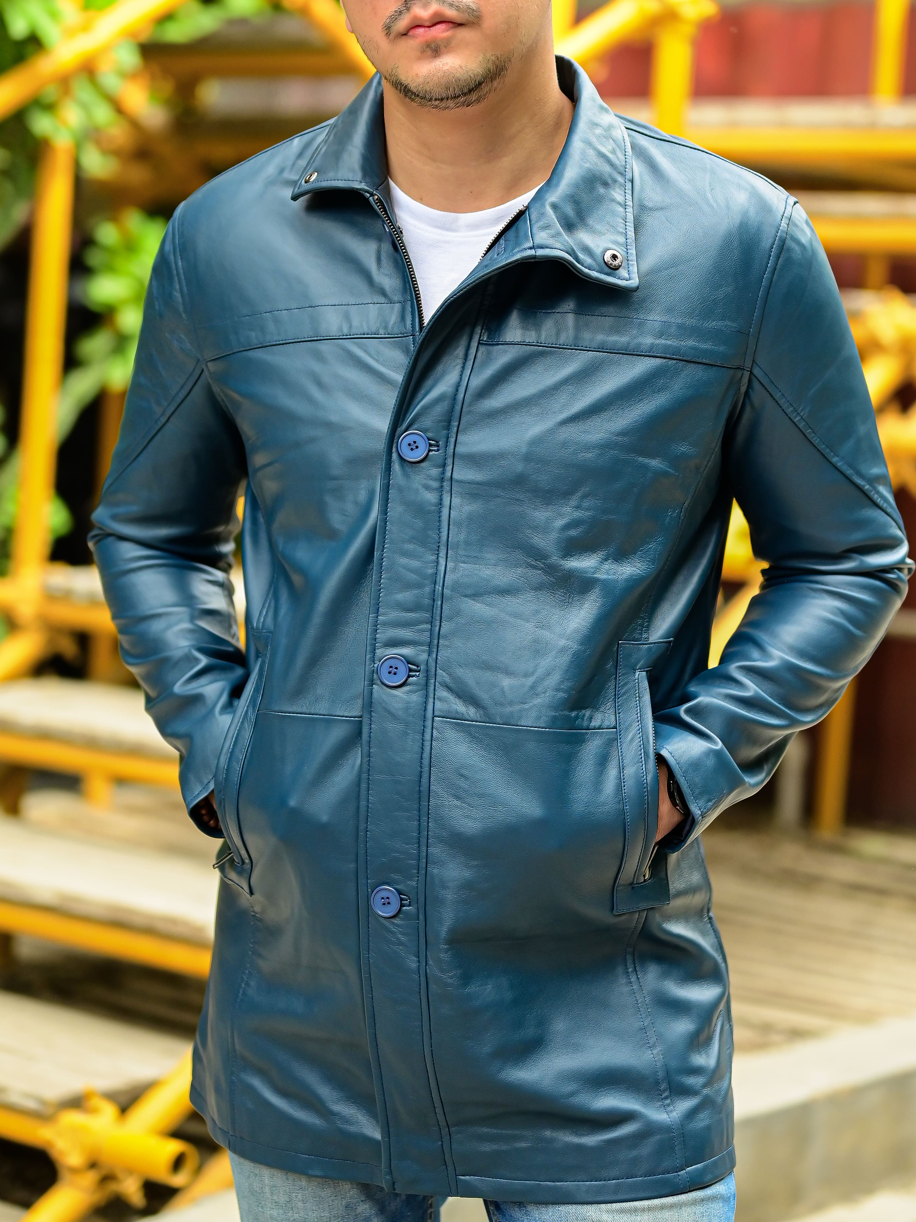 Jild 3/4 Length Blue Trench Leather Car Coats for Men